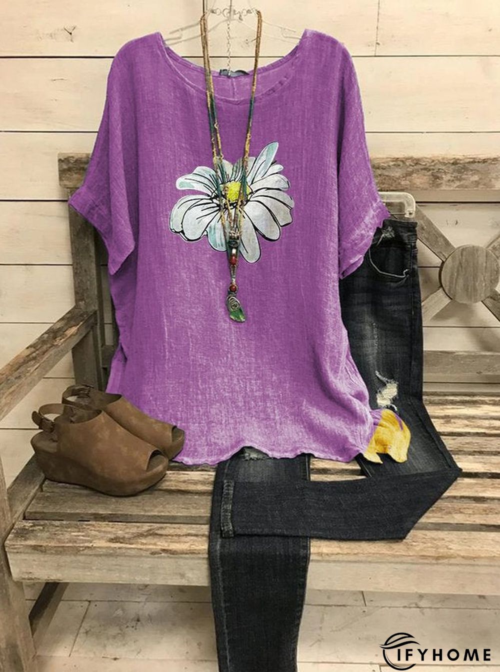 Summer Scoop Neck Casual Loose Daisy Printed T-Shirt | IFYHOME