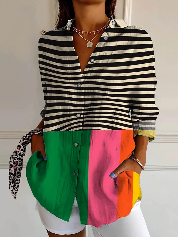 Womens Abstract Geometric Line Pattern Art Print Casual Cotton Shirt