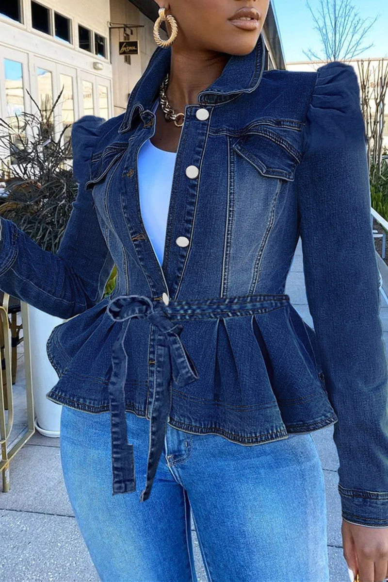 Casual Solid Flounce With Belt Turndown Collar Long Sleeve Denim Coats