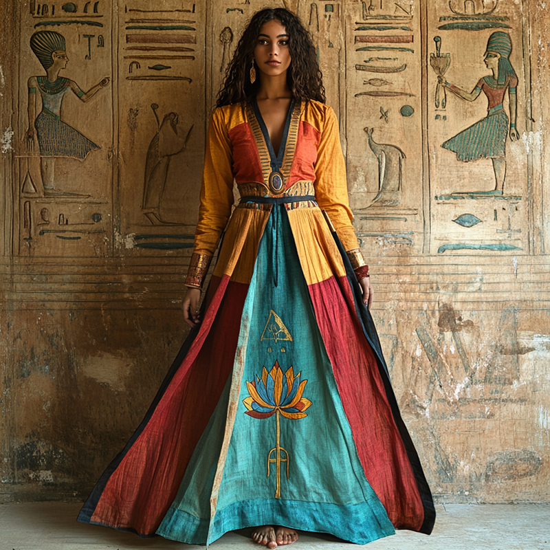 Women's Vintage Ancient Egyptian Blue Lotus Art Linen Dress