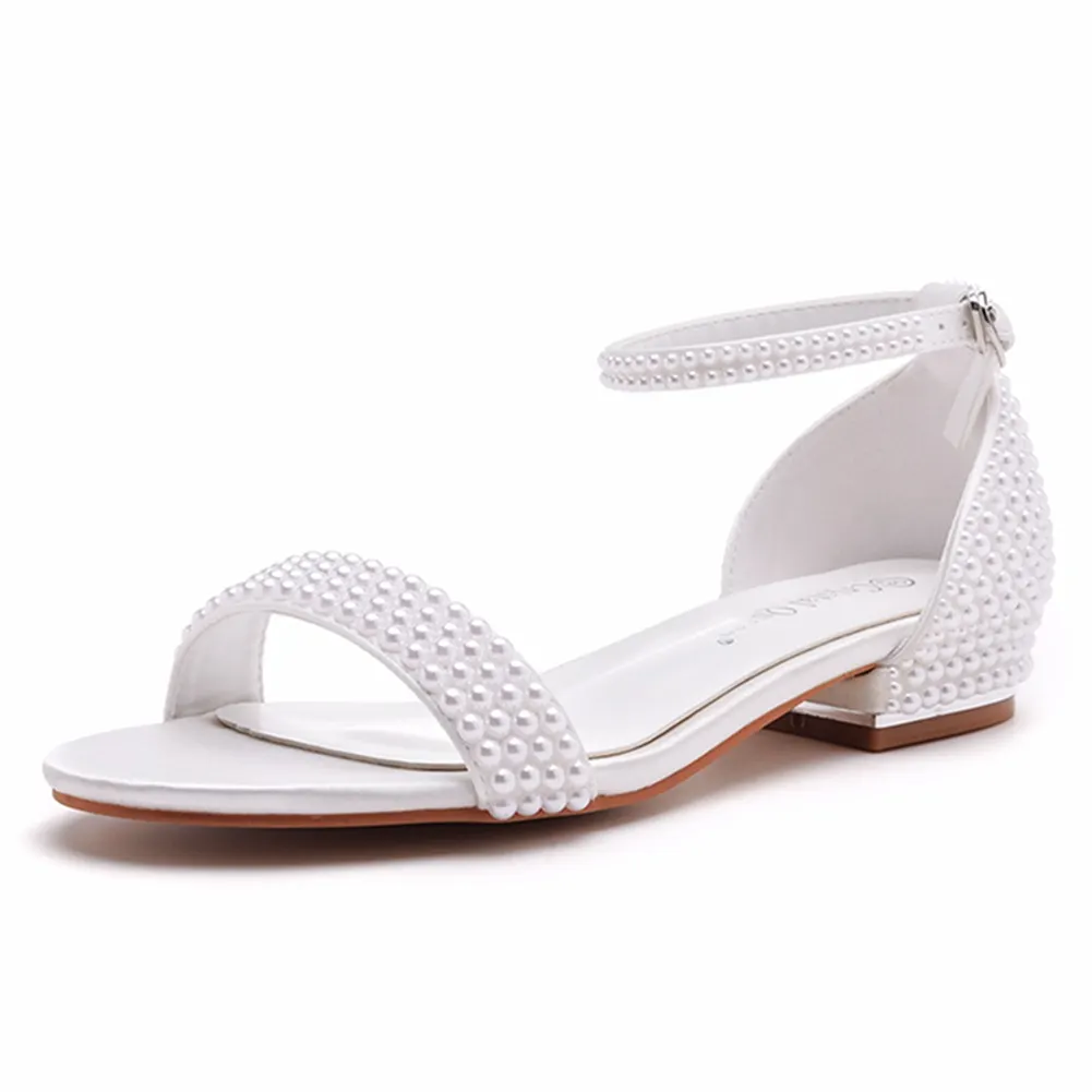 Breakj Breakj Cm Square With A Shallow Mouth With Buckle Sandals Ivory White Silk Satin Bridal White Pearl Sandals Woman