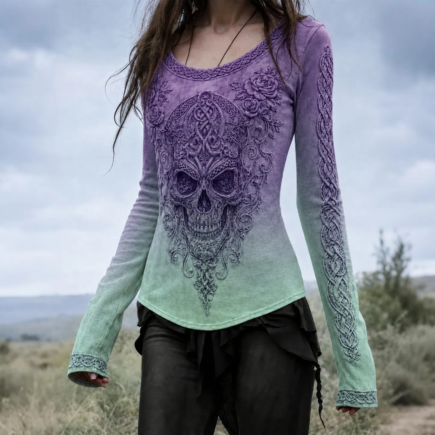 Women's Halloween Gothic Celtic Skull Flowers Pattern Casual T-shirt artswardrobe