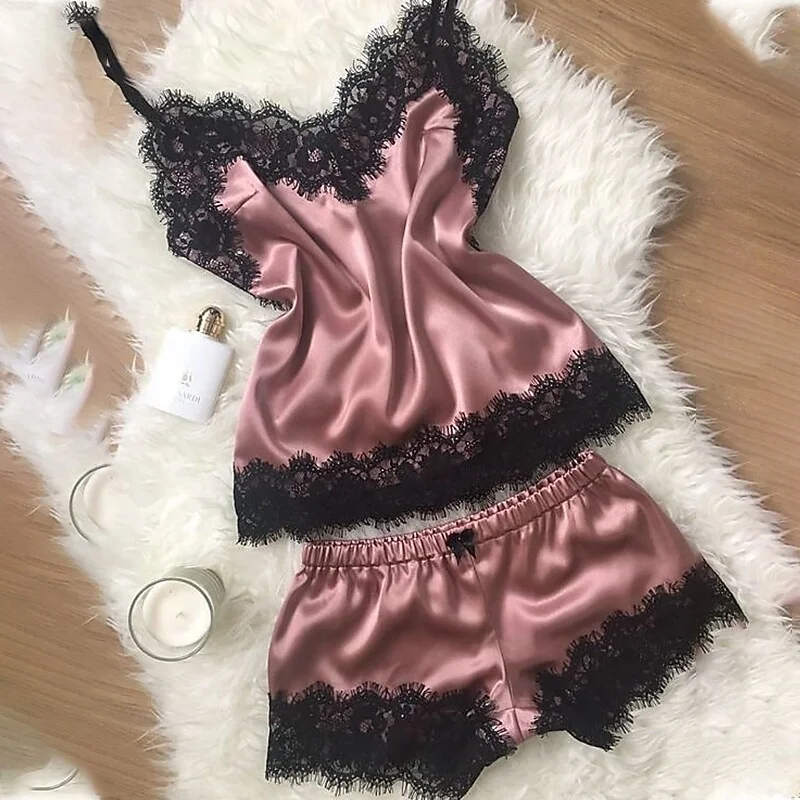 Women's Pajamas Sets Nighty 1 set Pure Color Gothic Casual Comfort Home Party Daily Satin Gift Straps Strap Top Shorts Lace Elastic Waist Spring Summer Pink Yellow