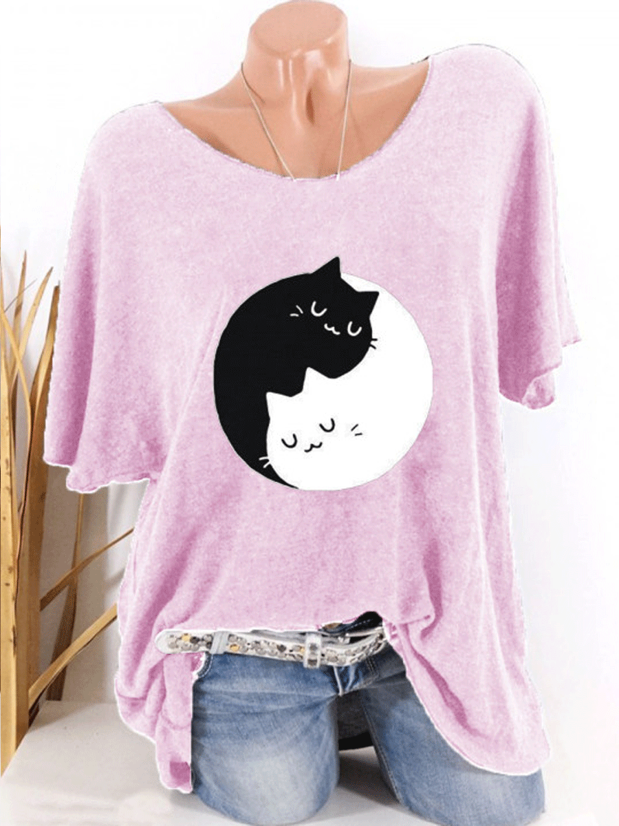 Round Neck Cat Printed Short Sleeve T-shirt