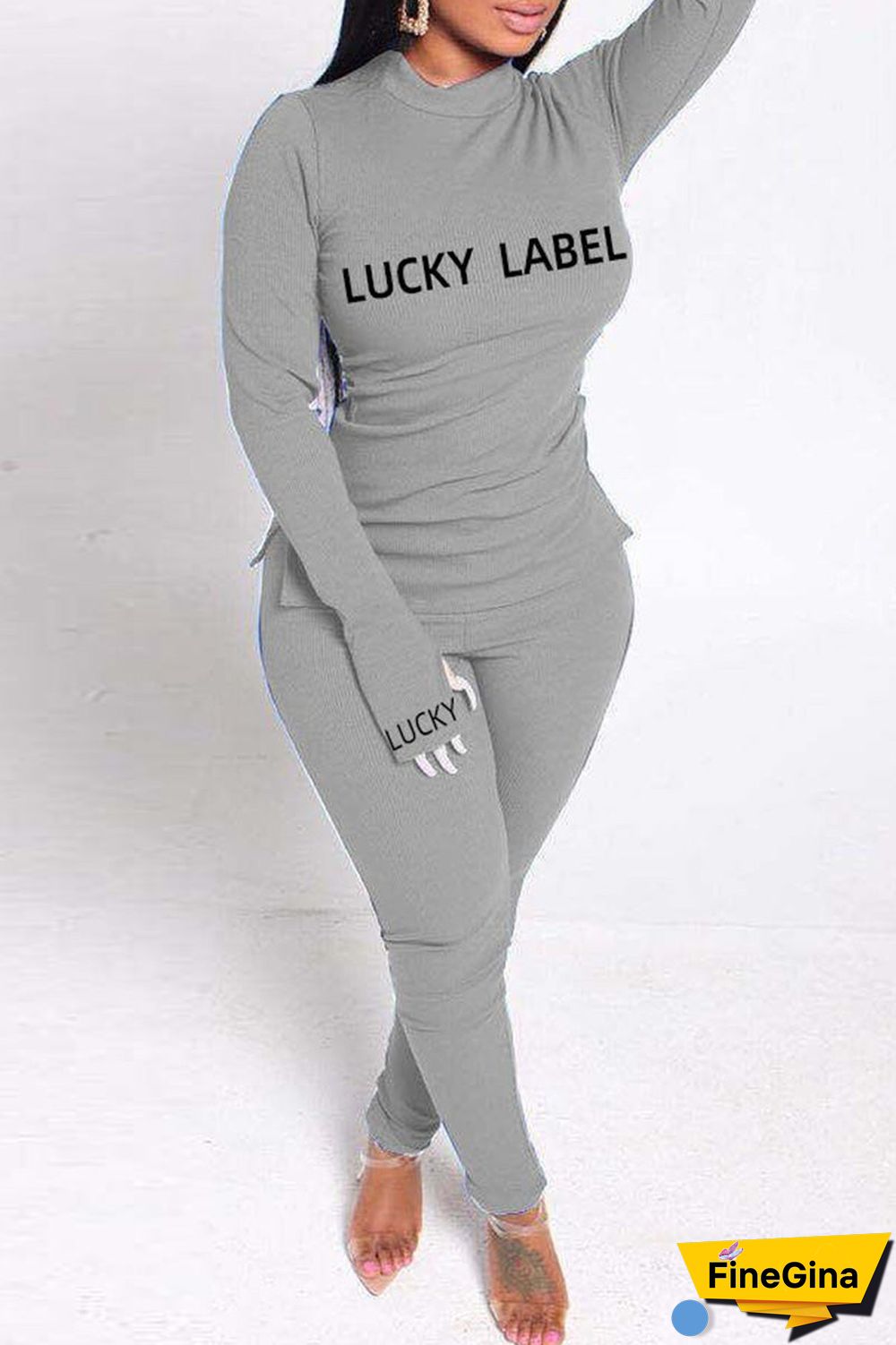 Fashion Casual Letter Print Basic Turtleneck Long Sleeve Two Pieces