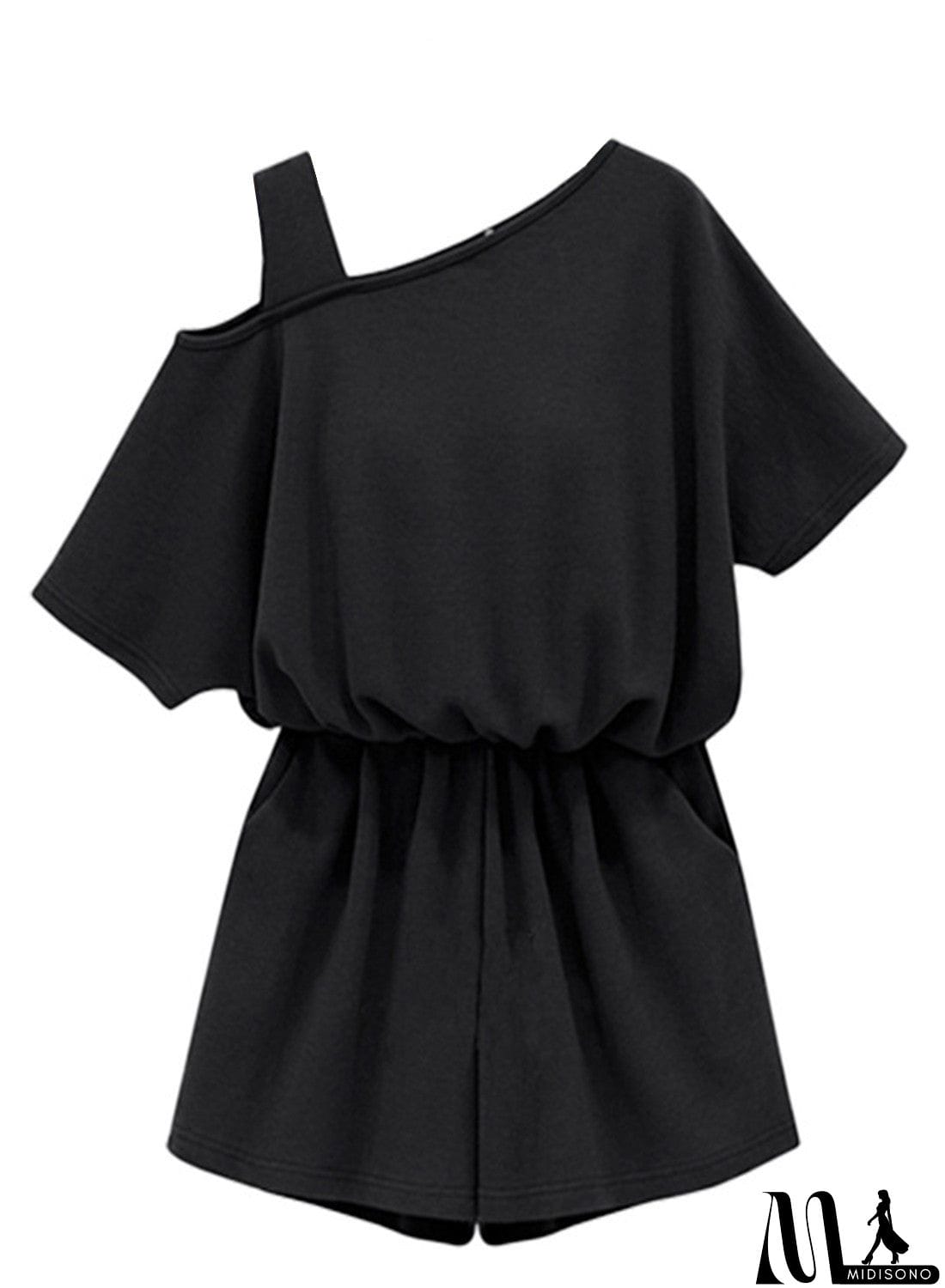 MidiSono - off One Shoulder Short Sleeve Solid Romper