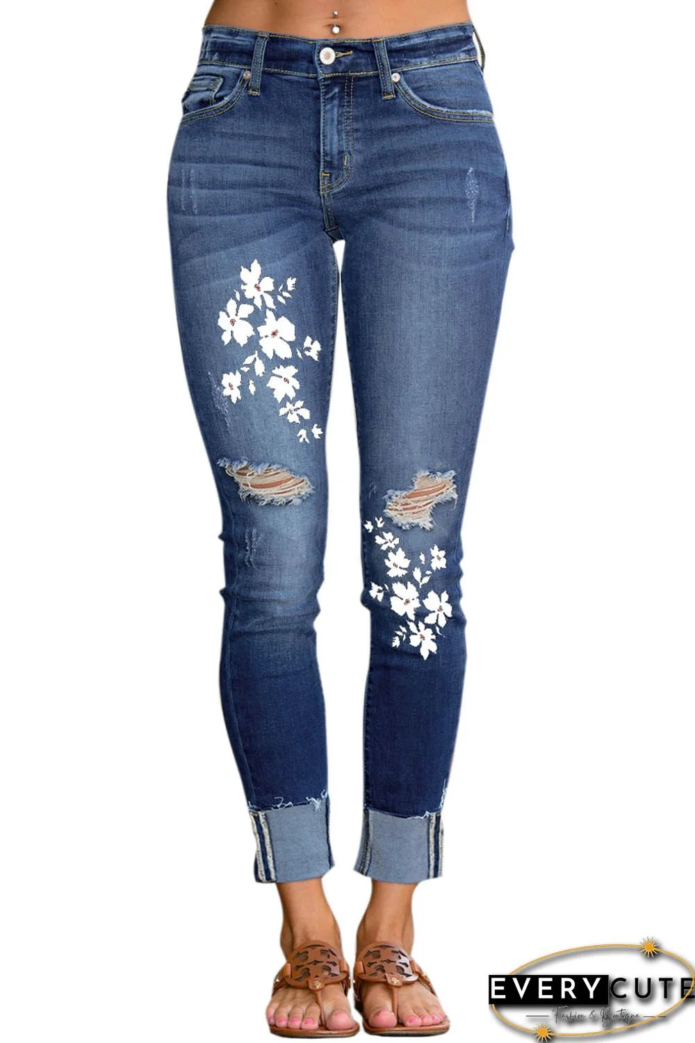 Floral Pattern Distressed Skinny Fit Raw Hem Jeans