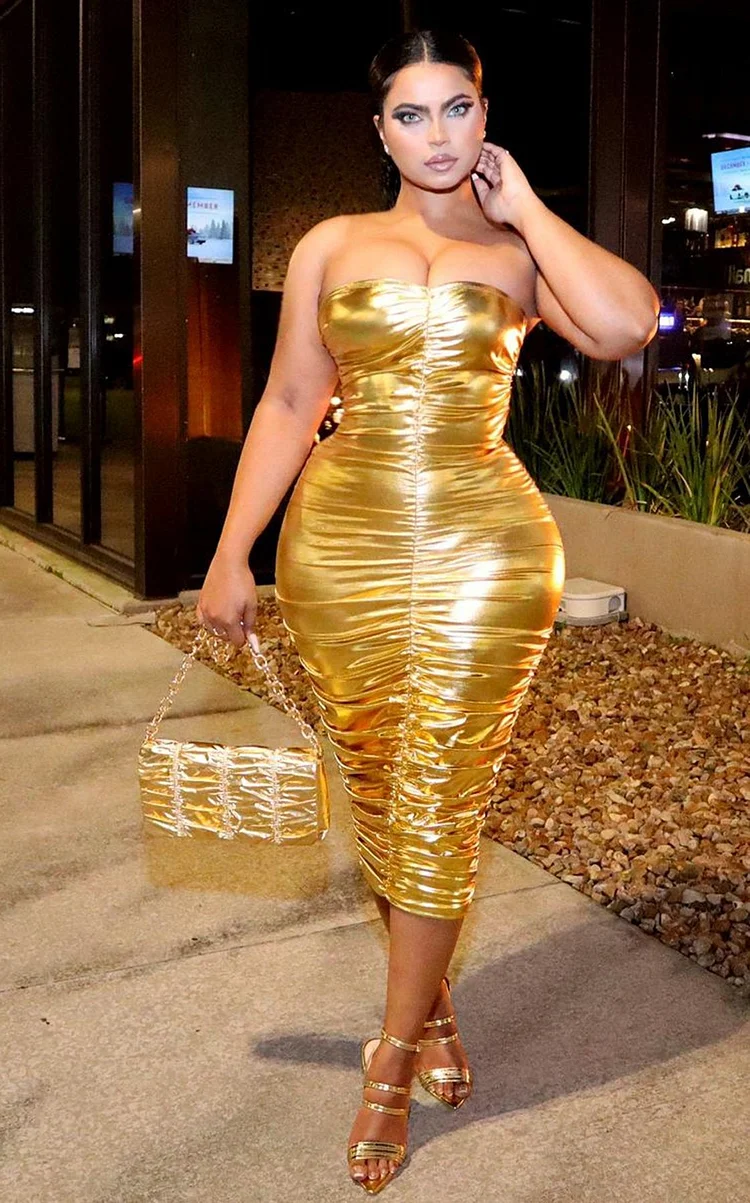 Gold Tube Rouched Party Cocktail Dresses
