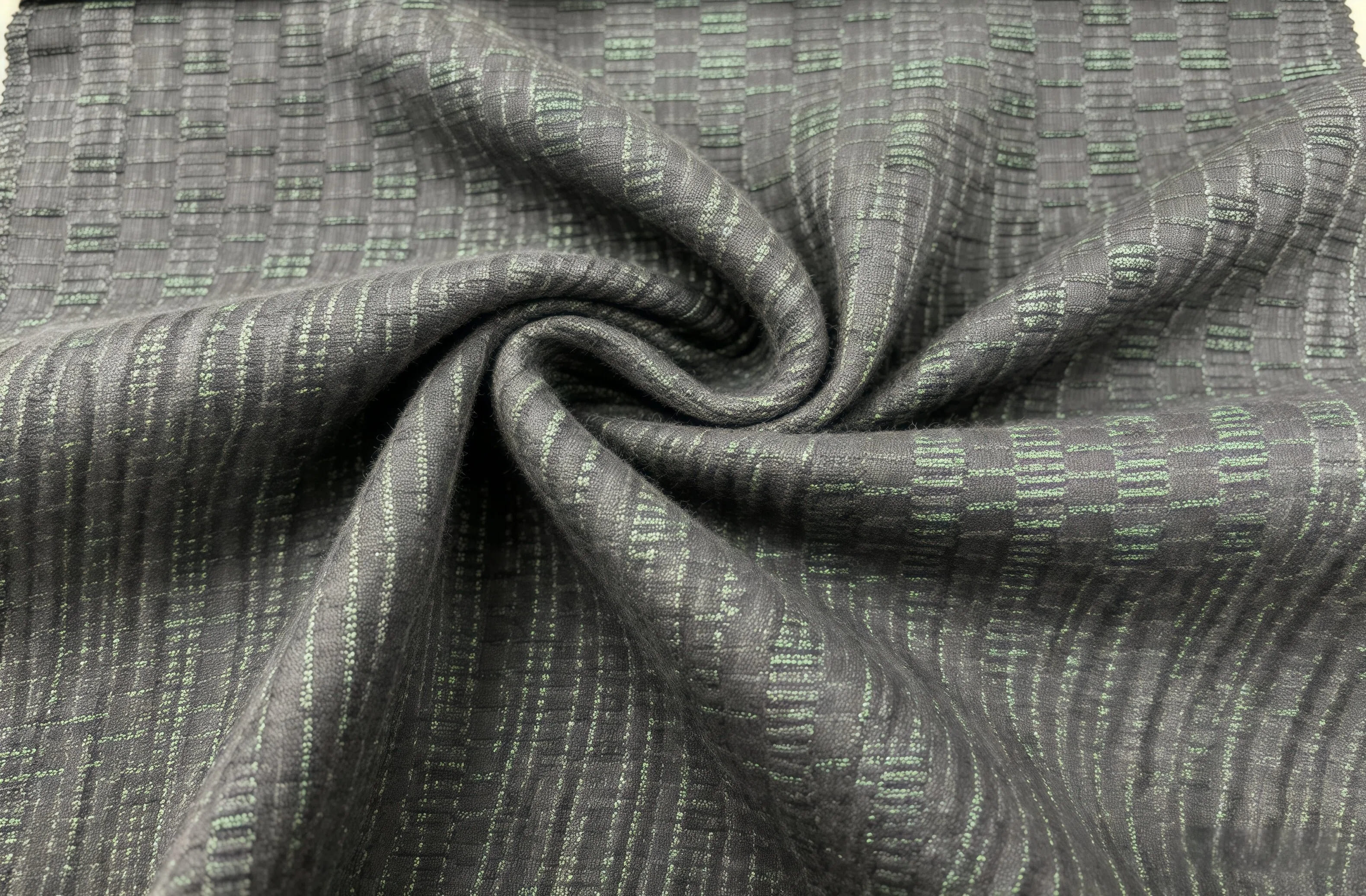 Dark Grey Green Grid Jacquard Fabric, Textured Woven Material for Suits & Trousers Sewing