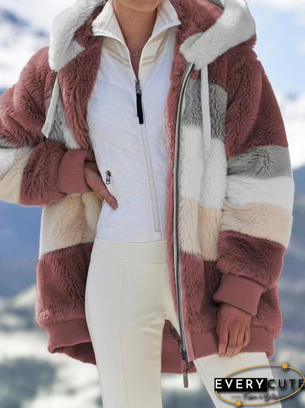 New Winter Womens Fashion Jacket Hooded Warm Plush Loose for Women Patchwork Outerwear
