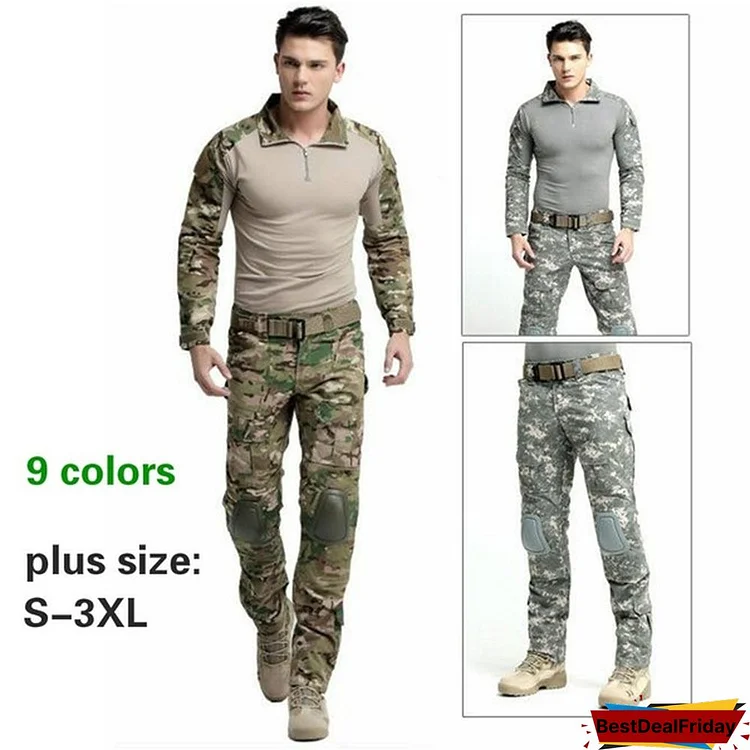 Tactical Camouflage Outdoor Uniform Suits Hunting Hiking Accessories Long Sleeve Shirt Military Combat Uniform Shirt/Pants With Knee Pads