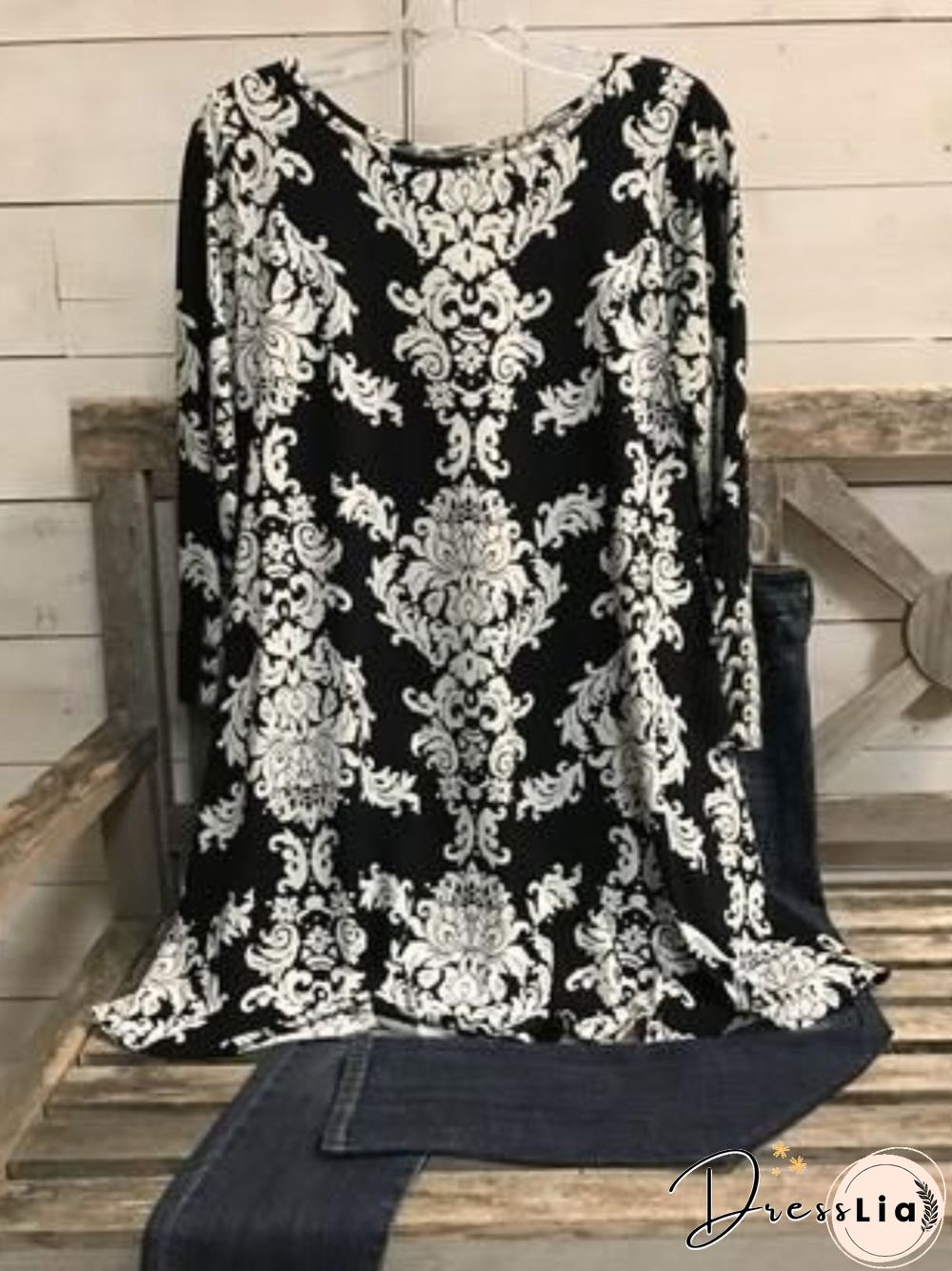 Casual Long Sleeve Round Neck Plus Size Printed Tops