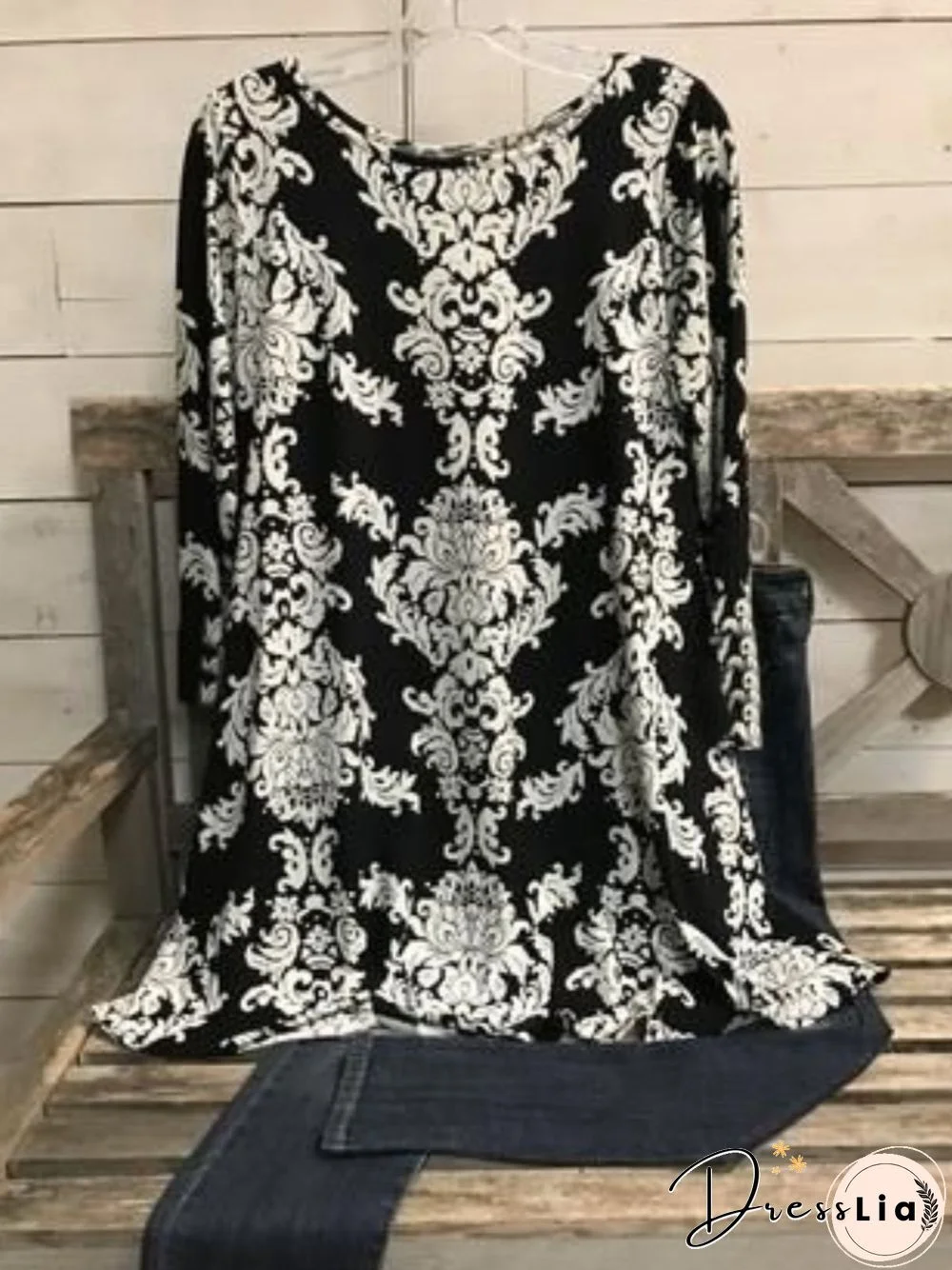 Casual Long Sleeve Round Neck Plus Size Printed Tops