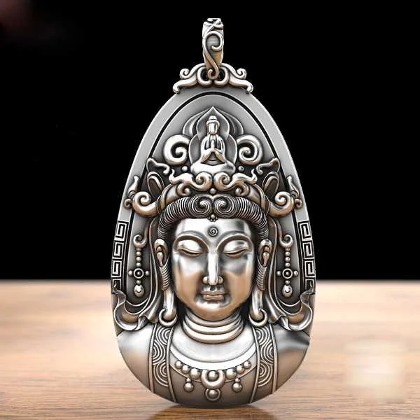 Sterling Silver Vintage Guanyin Buddha Pendant Necklace