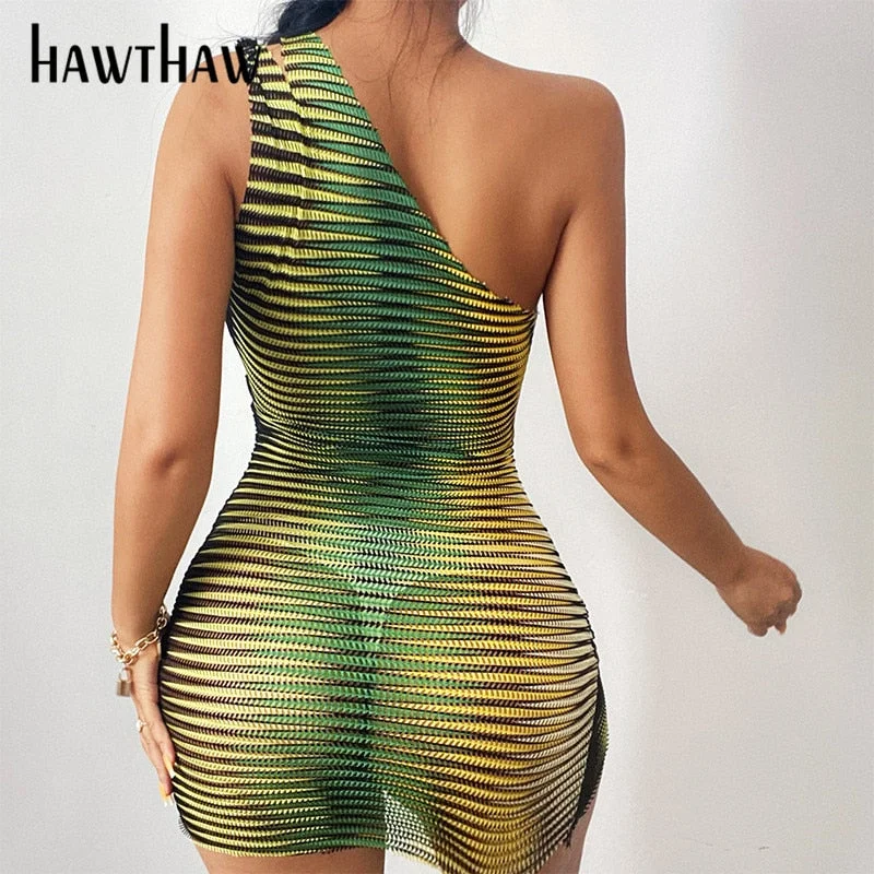 Hawthaw Women Sexy Summer Sleeveless One Shoulder See Through Bodycon Party Mini Dress 2021 Female Clothing Streetwear Wholesale