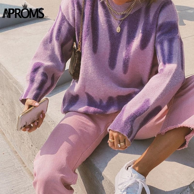 Aproms Korean Fashion Khaki Stripes Print Loose Sweaters Women Winter Hip-Pop Oversized Long Pullovers Streetwear Outerwear 2021