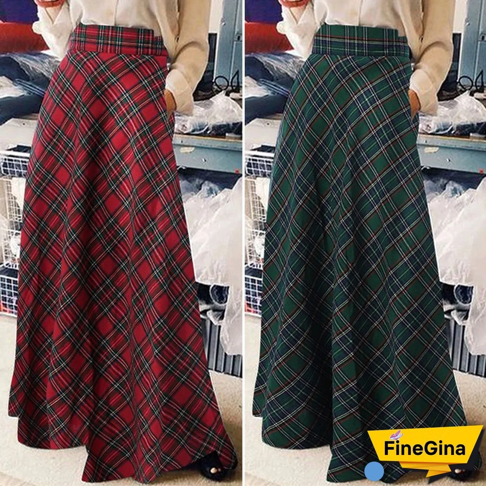 Summer Women Vintage A-Line Skirt Casual High Waist Plaid Checked Party Holiday Maxi Long Skirts