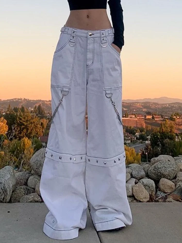Rapcopter y2k Rivet Chain Cargo Jeans Baggy Pockets White Trousers Women Vintage Punk Streetwear Sweatpants Korean 90s Joggers