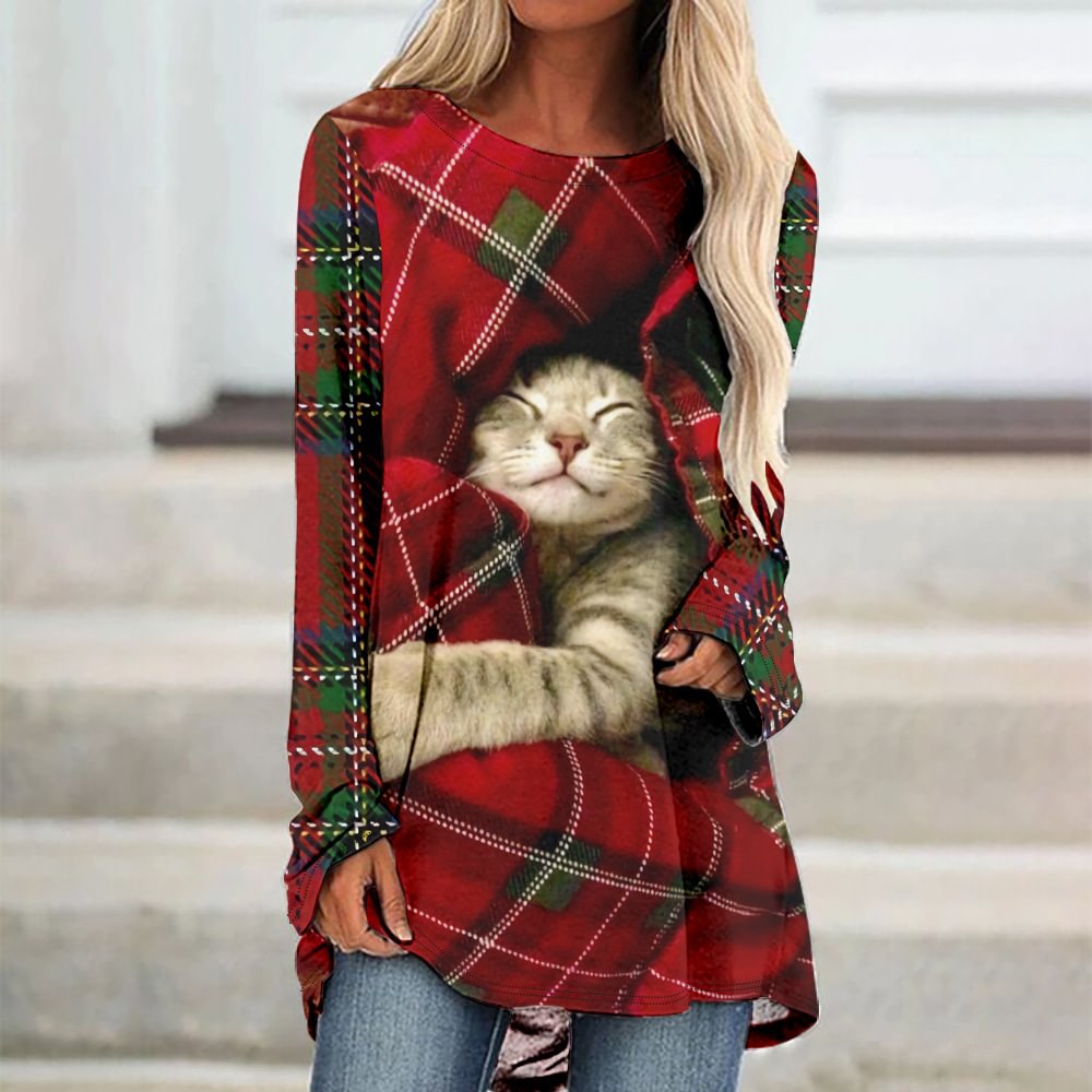 Contrast Cat Red Check Print Long Sleeve Tunic