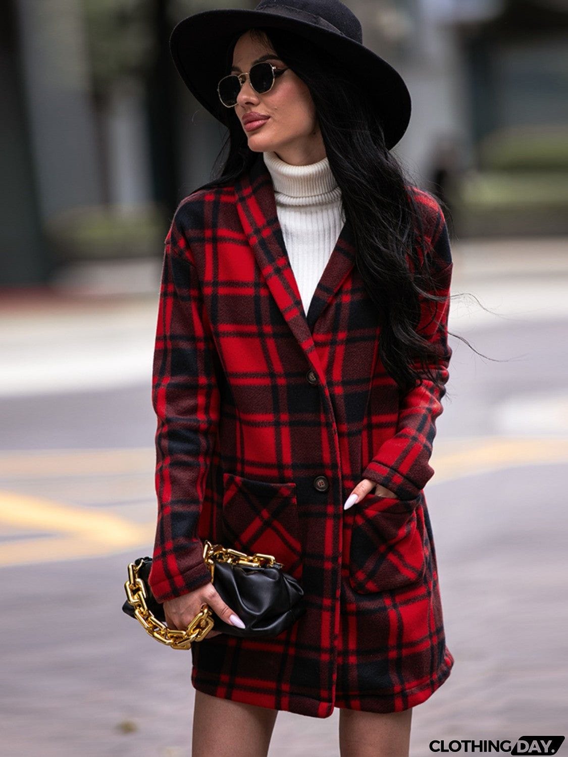 Plaid Shawl Collar Coat with Pockets