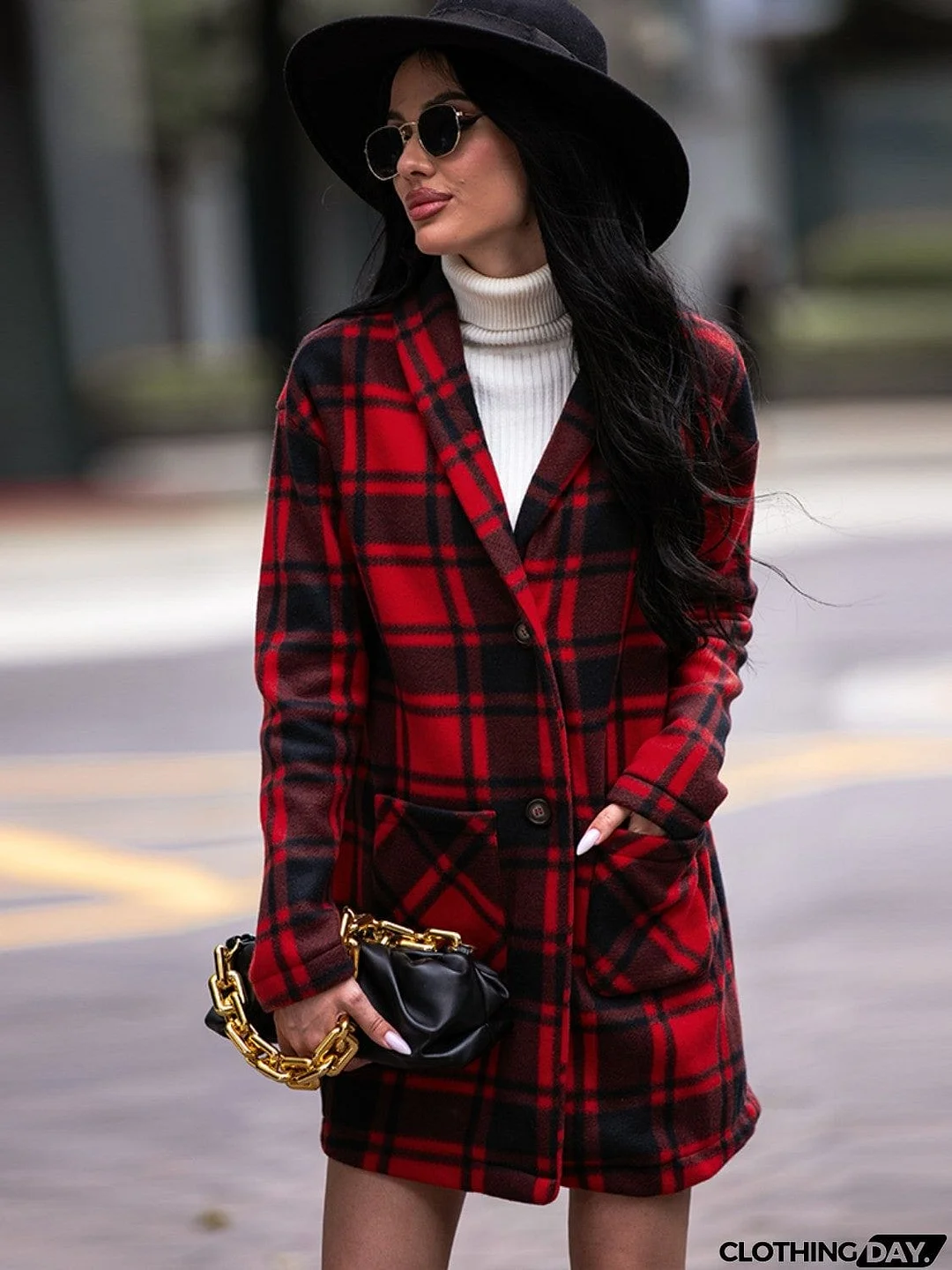 Plaid Shawl Collar Coat with Pockets