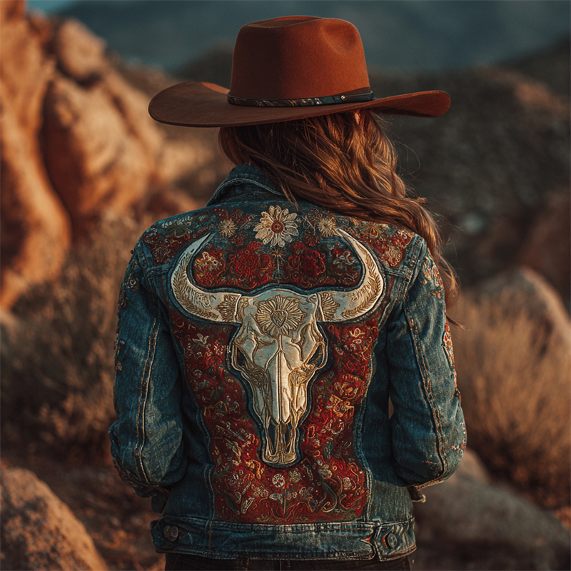 Comstylish Vintage Bull Skull Floral Embroidered Denim Jacket