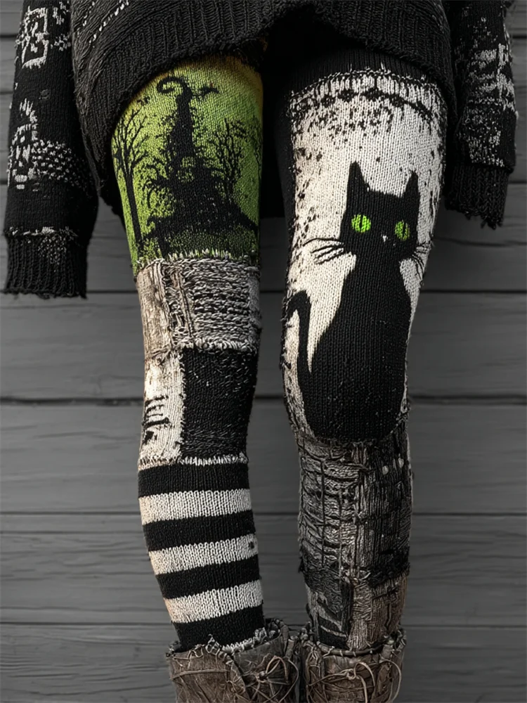 Halloween Black Cat Witch Striped Cozy Knit Leggings