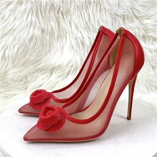 VCshoes Women Red Flower Mesh Hollow Pumps 12cm High Heel Pointed Toe Dress Party Dating Shoes BM054