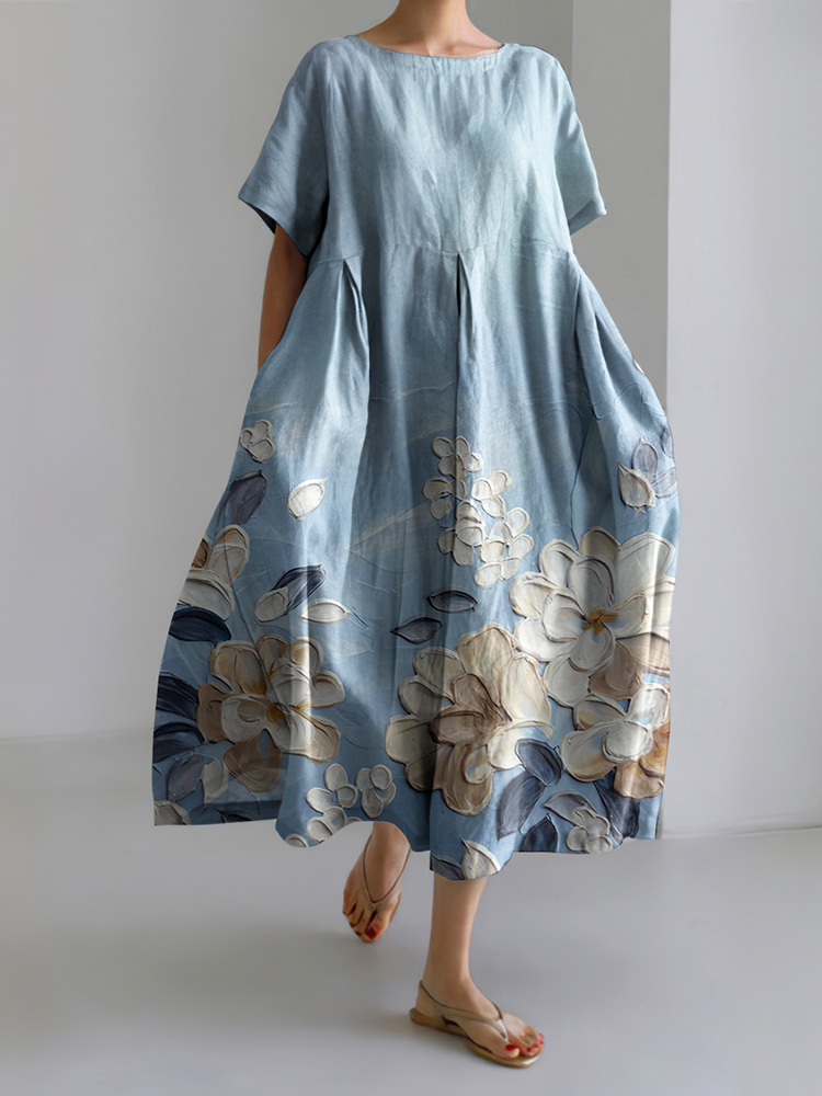 Comstylish Blue Floral Art Painting Linen Blend Maxi Dress