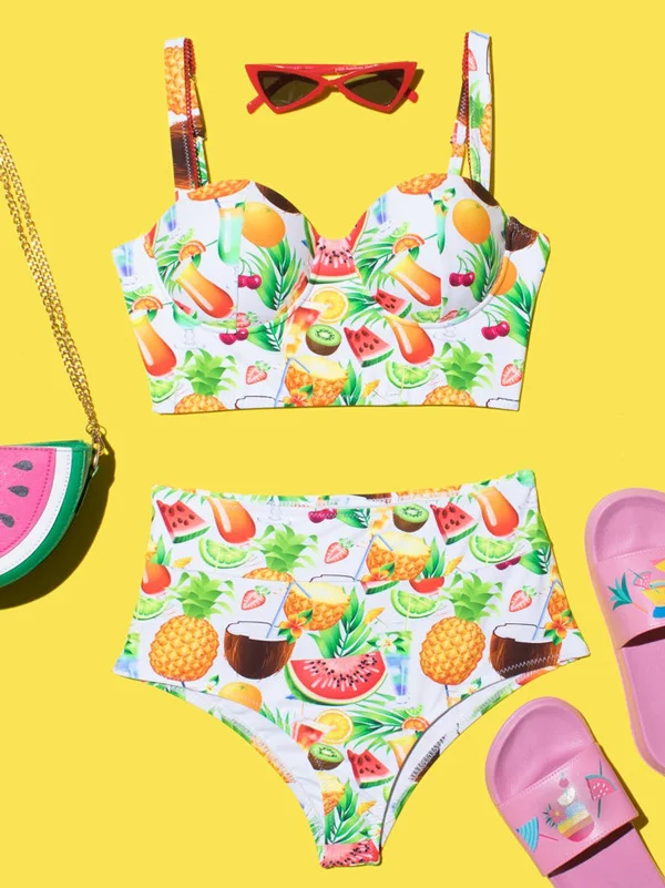 Fruit Print Underwired Bralette High-Waisted Hollow Bikini Swimwear