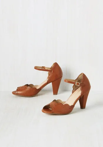 Tan Vintage Heels Peep Toe Laser Cut Vegan Chunky Heel Pumps |FSJ Shoes