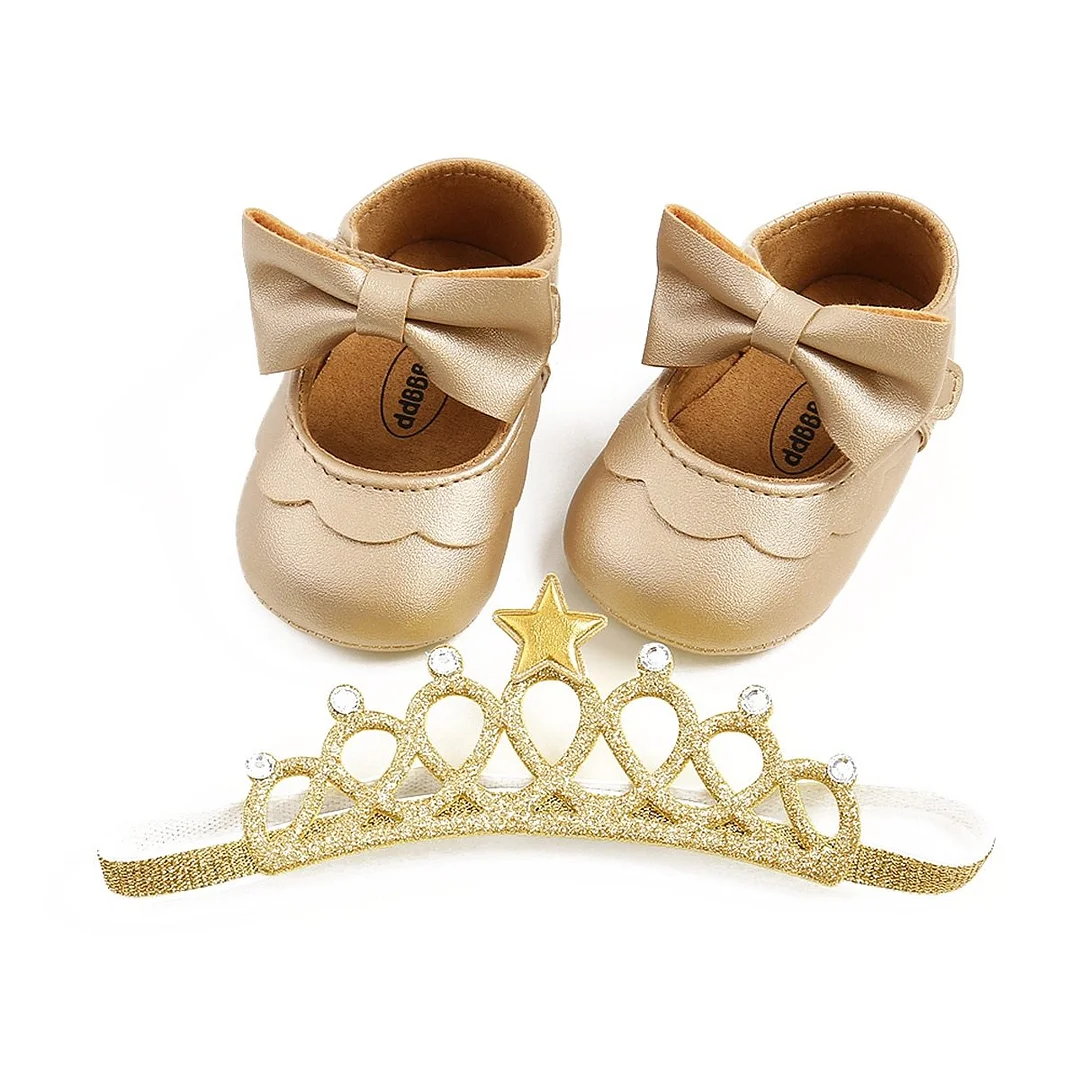 Baby Baptism Shoes and Headband Set, Cute Bowknot Hard Outsole Mary Jane Flats and Crown Hairband for Infant Girls