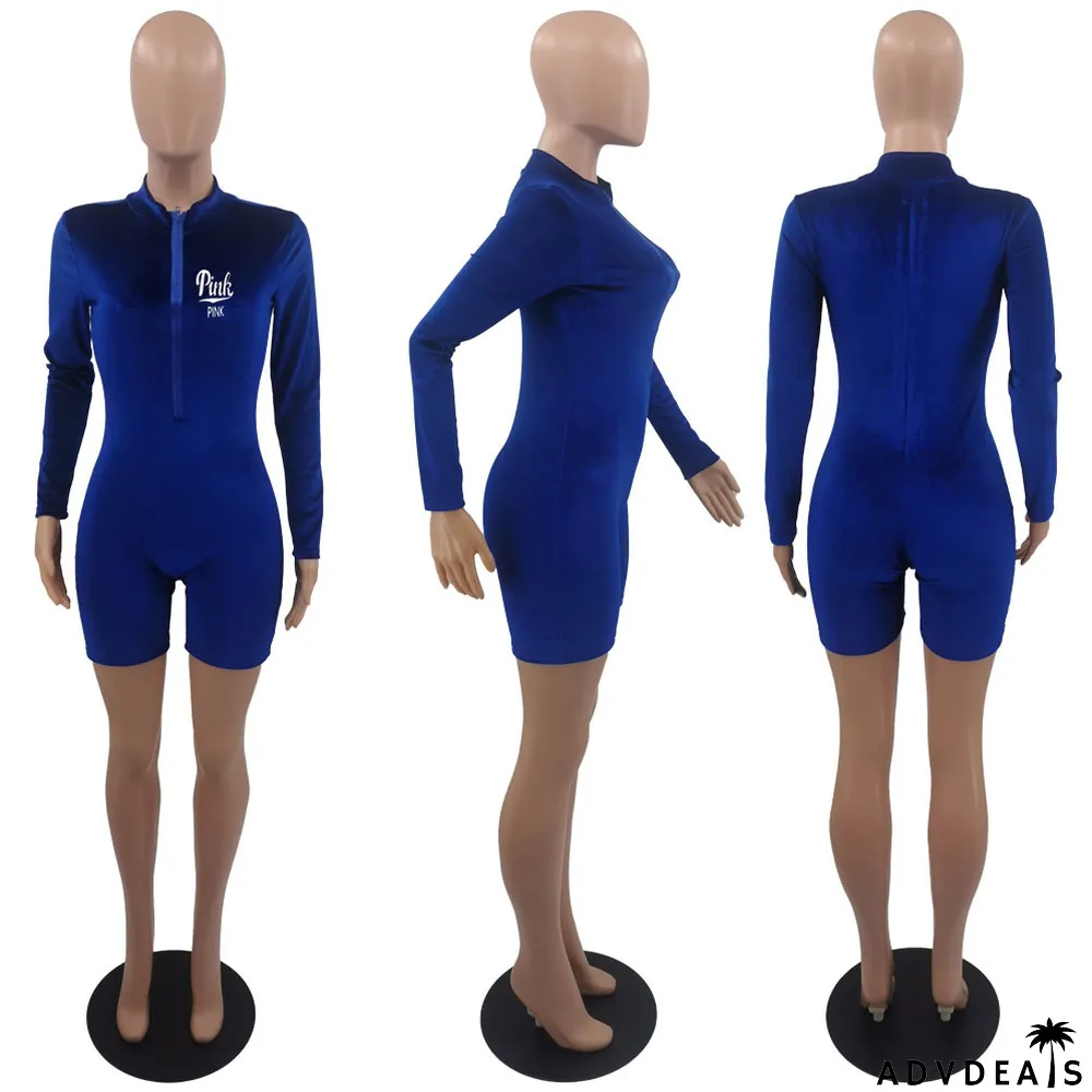 Velvet PINK Letter Print Zipper Long Sleeve Rompers