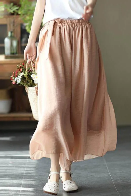 Solid Elastic Waist Lace-up Wide Leg Pants