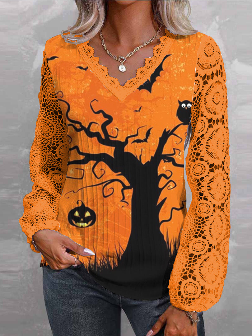 Women Long Sleeve V-neck Printed Graphic Halloween Lace Tops