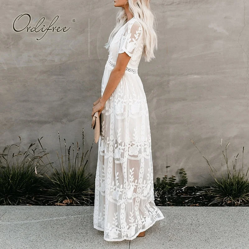 Ordifree 2022 Summer Boho Women Maxi Dress Loose Embroidery White Lace Long Tunic Beach Dress Vacation Holiday Clothes