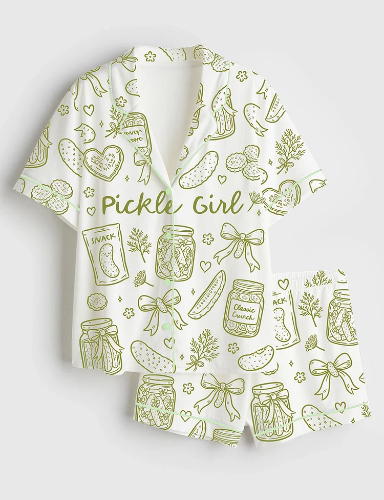 Women&rsquo;s Pickle Lover Hand Drawn Coquette Pickle Jars Pickle Girls Print Short Sleeve Satin Pajama Set