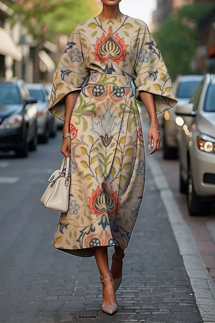 Women's Vintage Elegant Ethnic Floral Print Midi Dress