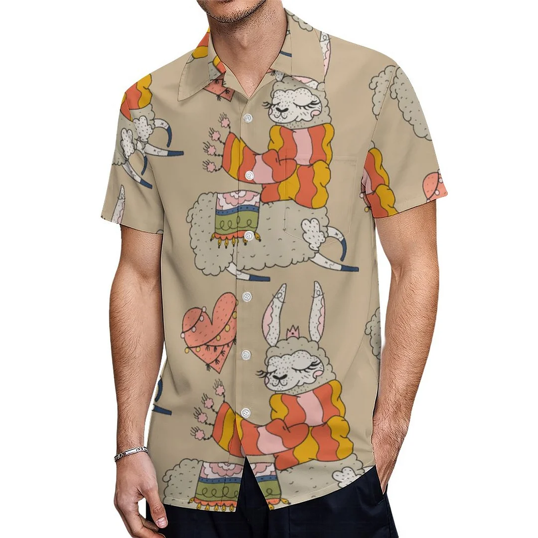 Short Sleeve Trendy Colorful Llama Hawaiian Shirt Mens Button Down Plus Size Tropical Hawaii Beach Shirts