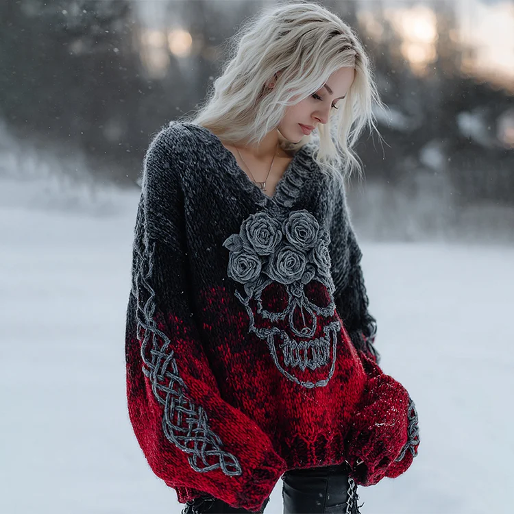 Women's Rose Skull Comfort Gradient V-neck Sweater