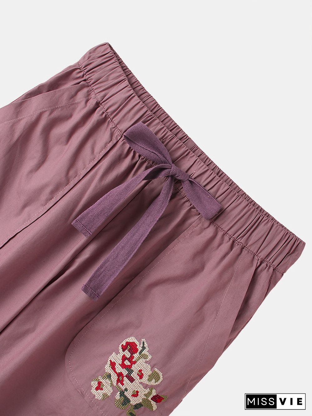 Floral Print Drawstring Pocket Elastic Waist Long Casual Pants for Women