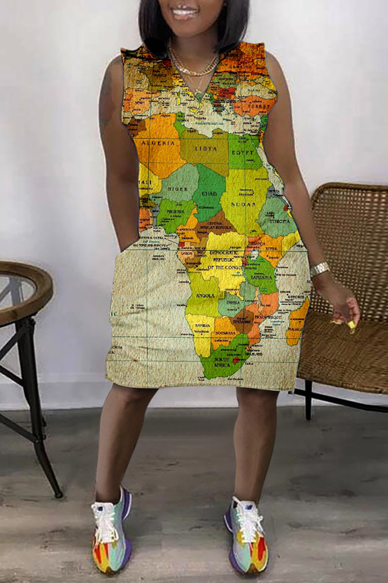 Plus Size Daily African Graphic Print Sleeveless V Neck With Pockets Mini Dress
