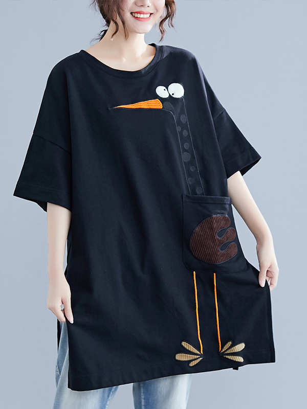 Cartoon Bird Short Sleeve Loose Midi T-shirt Dress