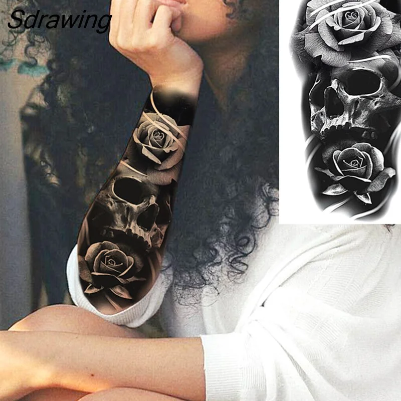 Sdrawing Realistic Black Devil Temporary Tattoos For Men Adult Tiger Pirate Skeleton Vampire Fake Tattoo Forearm Scary Tatoo Joker