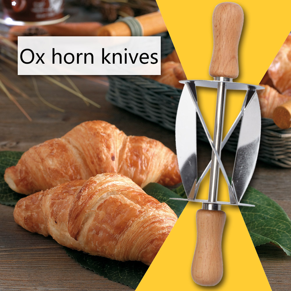 Stainless Steel Croissant Cutter Rolling Wheels Wood Handle Bread Bake Tool