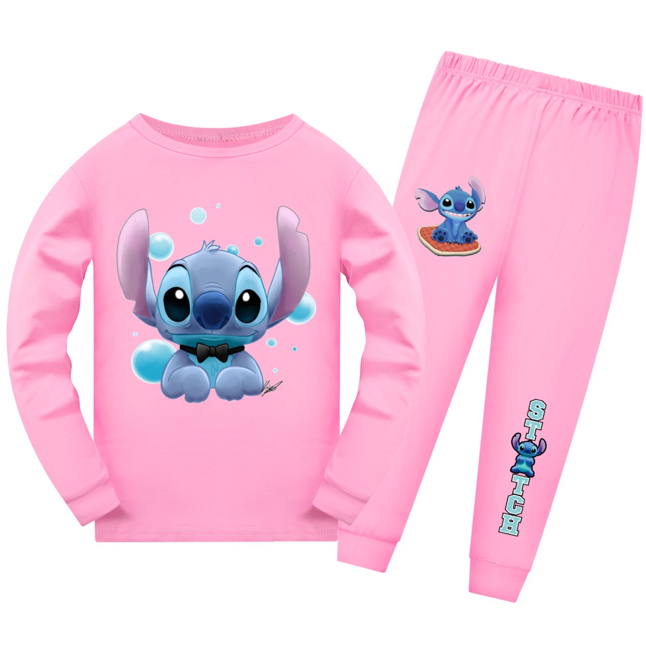 Stitch-Themed Long Sleeve Pajama Set for Kids - Blue Cat KT2522Perfect for Boys and Girls -Mayoulove