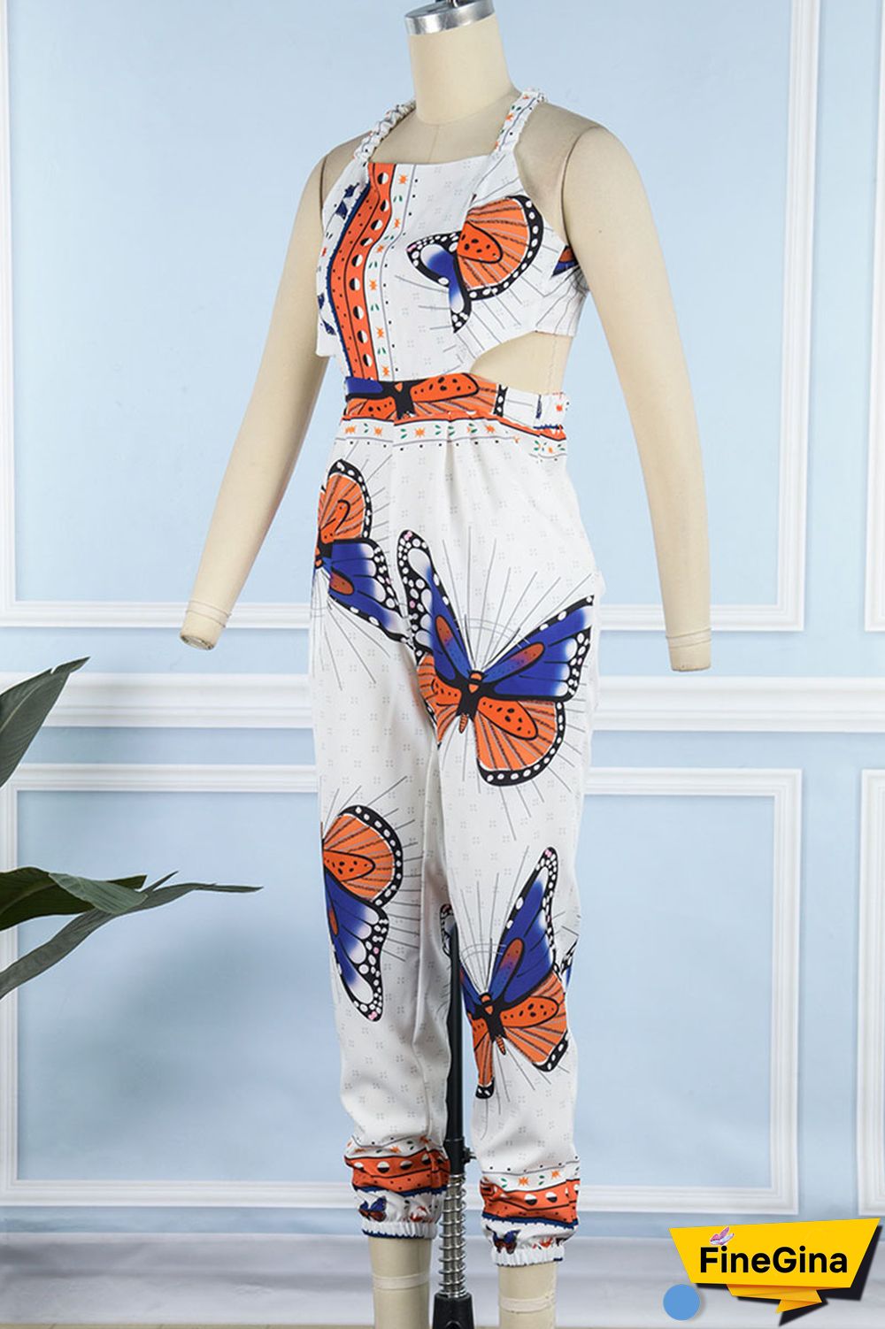 White Sexy Print Bandage Patchwork Backless Spaghetti Strap Regular Jumpsuits