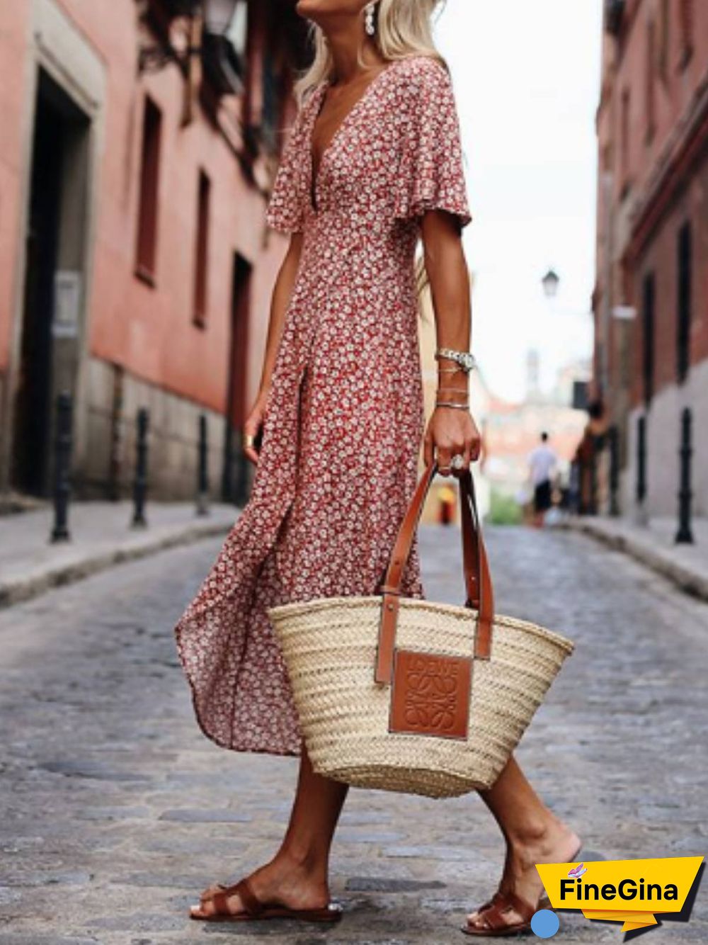 Printed Short Sleeve Swing Weaving Dress
