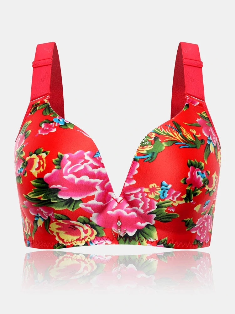  thdmladies Printed Flower Seamless Thin Wireless Minimizer Bras thedmladies