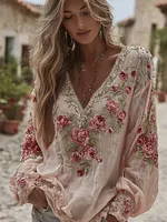 Women's Pink Rose Embroidered Linen Blend T-shirt